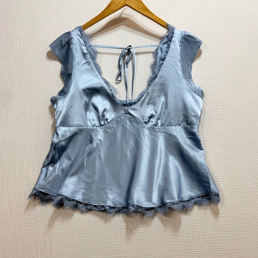 Meraki Satin Camisole Top Womens M Blue Lace Trim Tie Back Babydoll Fairycore